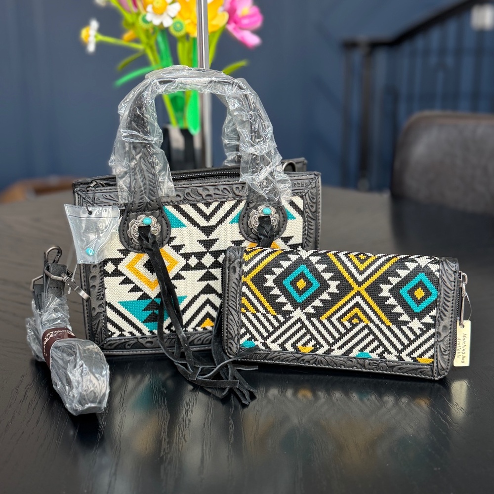 Montana West Aztec Tapestry Mini Tote/Crossbody with Matching Wallet Black NWT
